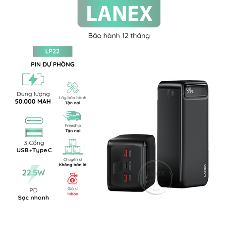 Pin Dự Phòng Lanex Lp22 Abs + 2 Cổng Usb 1 Cổng Type C 3.0a Pd Qc3.0 22.5w 50000mah Màn Hình Led