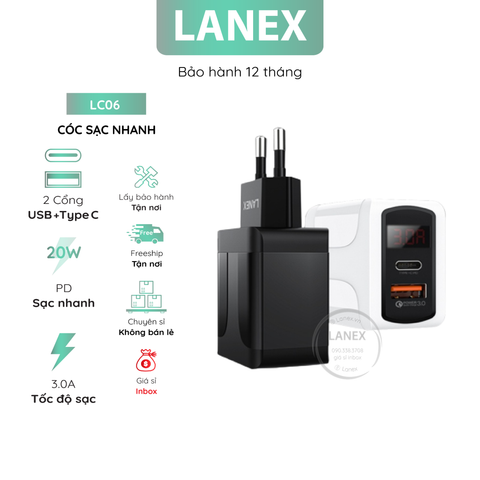 Cóc Sạc Nhanh Lanex Lc06 1 Cổng Usb Type C 3.0a Pd Qc3.0 20w Màn Hình Led