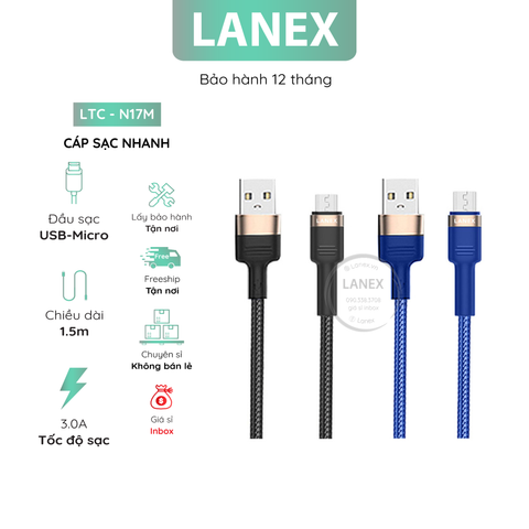 CÁP SẠC NHANH DÂY DÙ LIGHTNING 3.0A LANEX LTC - N17L - DÀI 1.5M