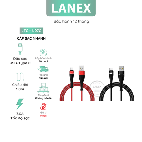 Cáp Sạc Nhanh Lanex Ltc - N07c Dây Dù Type C 3.0a Dài 1.0m