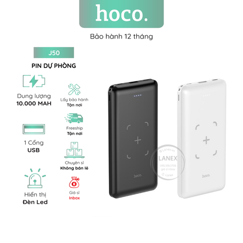 Pin Dự Phòng Hoco J50 Polymer A+ 1 Cổng Usb 2.0a Tích Hợp Sạc Không Dây 5w 10000mah Đèn Led