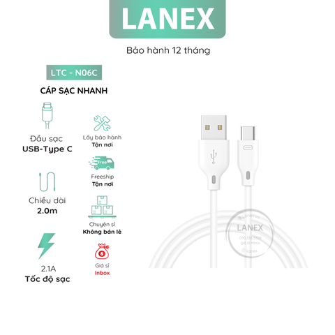 Cáp Sạc Nhanh Lanex Ltc - N06c Nhựa Pvc Type C 2.1a Dài 2.0m