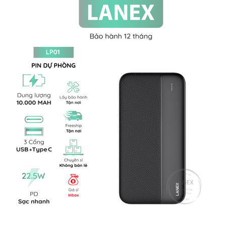 Pin Dự Phòng Lanex Lp01 Polymer A+ 2 Cổng Usb 22.5w 1 Cổng Type C 3.0a Pd 20w 10000mah Đèn Led