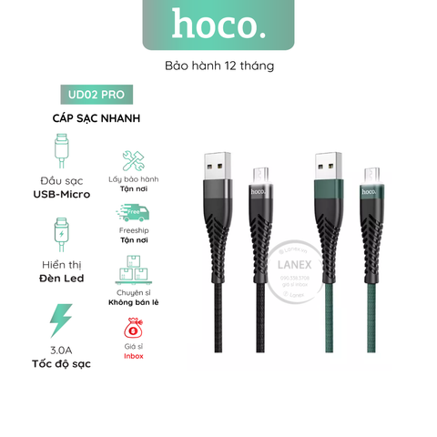 Cáp Sạc Nhanh Hoco Ud02 Pro Dây Dù Có Led Micro 3.0a Dài 1.0m