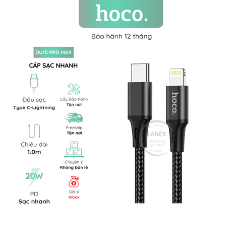 Cáp Sạc Nhanh Hoco Du10 Pro Max Dây Dù Type C To Lightning Pd Qc3.0 20w Dài 1.0m