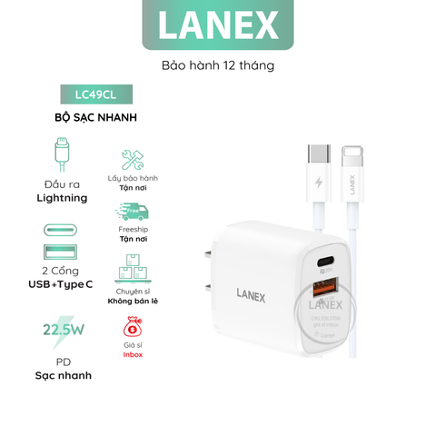 Bộ Sạc Nhanh Lanex Lc49cl 1 Cổng Usb 22.5w 1 Cổng Type C To Lightning Pd 20w