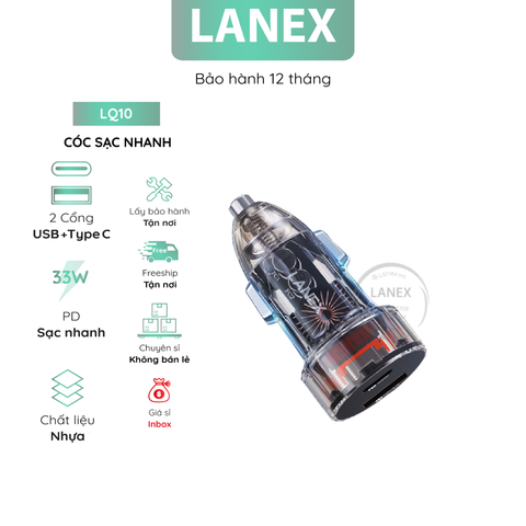 Cóc Sạc Nhanh Lanex Lq10 Xe Hơi Nhựa Trong Suốt 1 Cổng Usb 1 Cổng Type C 3.0a Pd Qc3.0 33w