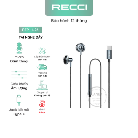 Tai Nghe Dây Recci Rep - L26 Dù Jack Type C Có Mic Dài 1.2m