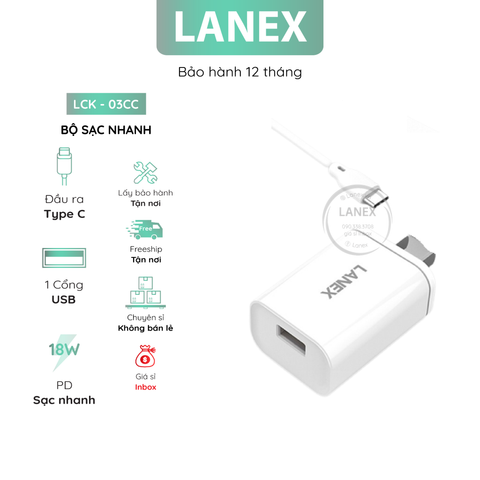 Bộ Sạc Nhanh Lanex Lck - 03cc 1 Cổng Usb Type C Pd Qc3.0 18w Dài 1.0m