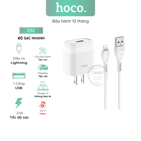 Bộ Sạc Nhanh Hoco C72 1 Cổng Usb Lightning 2.1a Dài 1.0m