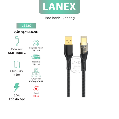 Cáp Sạc Nhanh Lanex Ls22c Dây Dù Có Led Type C 6.0a Dài 1.2m