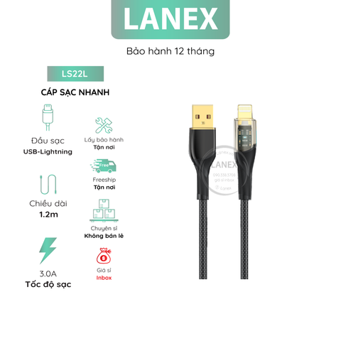 Cáp Sạc Nhanh Lanex Ls22l Dây Dù Có Led Lightning 3.0a Dài 1.2m