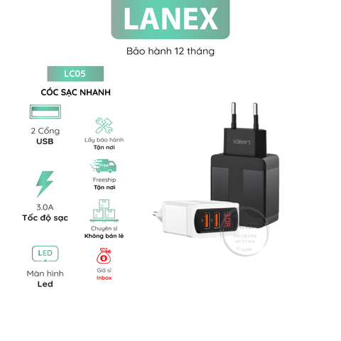 Cóc Sạc Nhanh Lanex Lc05 2 Cổng Usb 3.0a Màn Hình Led