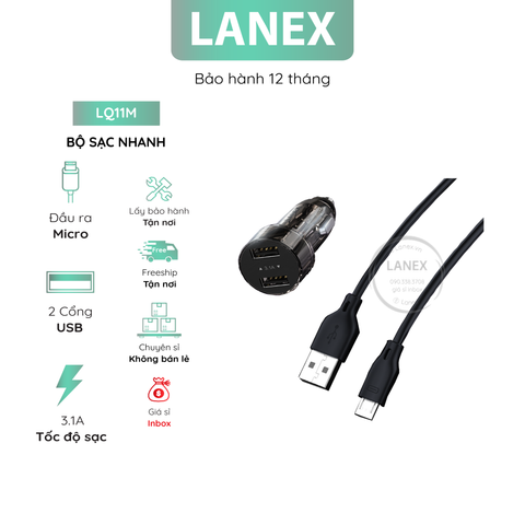 Bộ Sạc Nhanh Lanex Lq11m Xe Hơi Nhựa Trong Suốt 2 Cổng Usb Micro 3.1a