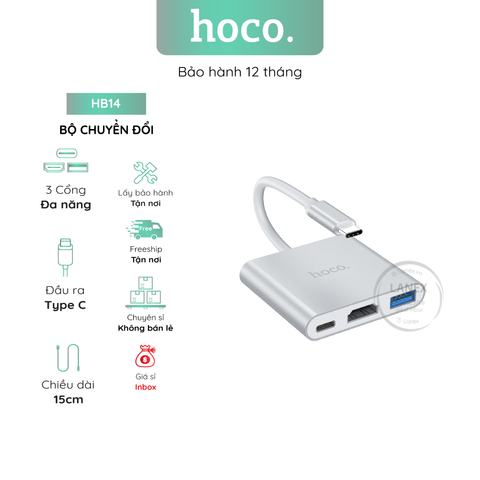 Bộ Chuyển Đổi Hoco Hb14 Đầu Type C Sang 3 Cổng (Usb3.0 Hdmi Pd) Dài 15cm