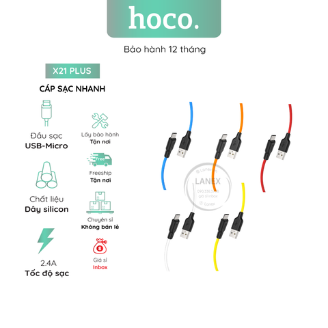 Cáp Sạc Nhanh Hoco X21 Plus Nhựa Silicon Micro 2.4a Dài 1.0m