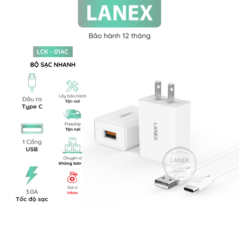 Bộ Sạc Nhanh Lanex Lck - 01ac 1 Cổng Usb Type C 3.0a Dài 1.0m