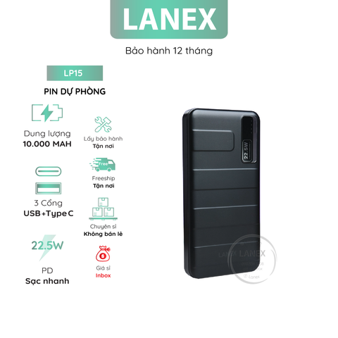 Pin Dự Phòng Lanex Lp15 Abs + 2 Cổng Usb 1 Cổng Type C 3.0a Pd Qc3.0 22.5w 10000mah Đèn Led