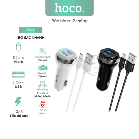 Bộ Sạc Nhanh Hoco Z40 Xe Hơi 2 Cổng Usb Micro 2.4a Dài 1.0m