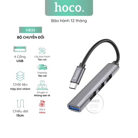 Bộ Chuyển Đổi Hoco Hb26 Đầu Type C Sang 4 Cổng (1 Cổng Usb 3.0 + 3 Cổng USB 2.0)