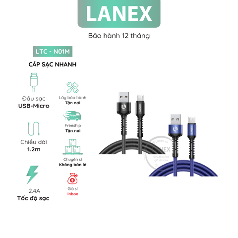 Cáp Sạc Nhanh Lanex Ltc - N01m Dây Dù Micro 2.4a Dài 1.2m