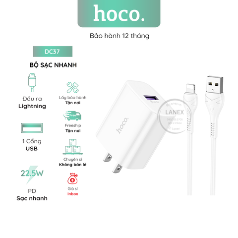 Bộ Sạc Nhanh Hoco Dc37 1 Cổng Usb Lightning 22.5w Dài 1.0m