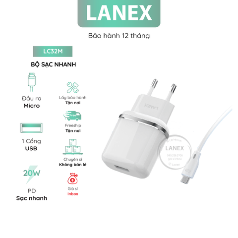 Bộ Sạc Nhanh Lanex Lc32m 1 Cổng Usb Micro Qc3.0 20w Dài 1.0m