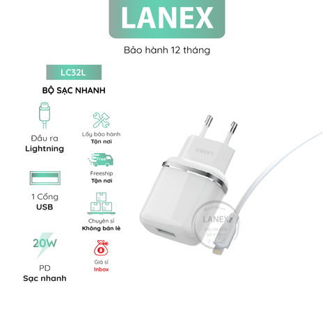 Bộ Sạc Nhanh Lanex Lc32l 1 Cổng Usb Lightning Qc3.0 20w Dài 1.0m