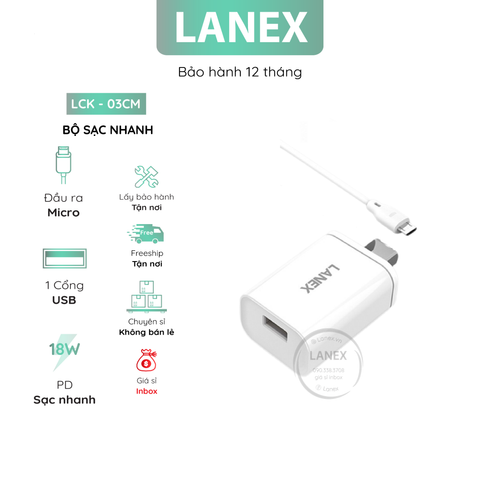 Bộ Sạc Nhanh Lanex Lck - 03cm 1 Cổng Usb Micro Pd Qc3.0 18w Dài 1.0m