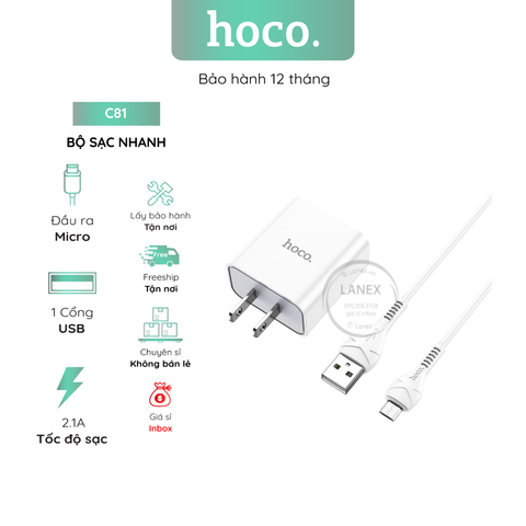 Bộ Sạc Nhanh Hoco C81 1 Cổng Usb Micro 2.1a Dài 1.0m