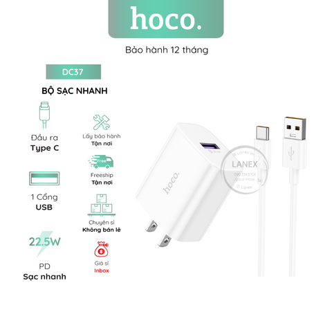 Bộ Sạc Nhanh Hoco Dc37 1 Cổng Usb Type C 22.5w Dài 1.0m