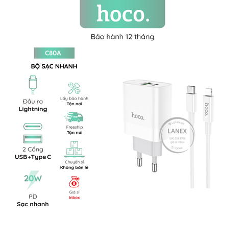 Bộ Sạc Nhanh Hoco C80a 1 Cổng Usb 1 Cổng Type C To Lightning Pd Qc3.0 20w Dài 1.0m