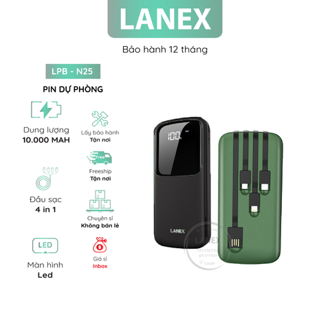 Pin Dự Phòng Lanex Lpb - N25 4 In 1 ( Type C Micro Lightning Usb ) 1 Cổng Usb 2.1a 10000mah Màn Hình Led