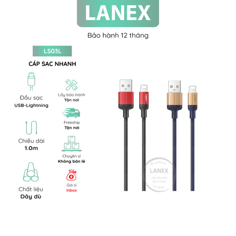 Cáp Sạc Nhanh Lanex Ls03l Dây Dù Lightning 3.0a Dài 1.0m