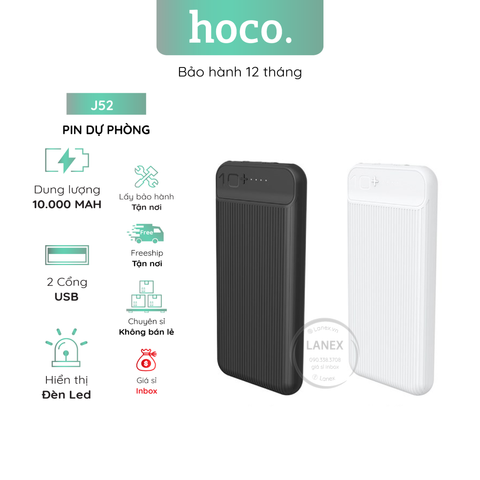 Pin Dự Phòng Hoco J52 Polymer A+ 2 Cổng Usb 2.0a 10000mah Đèn Led