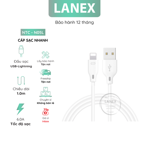 Cáp Sạc Nhanh Lanex Ltc - N05l Nhựa Pvc Lightning 6.0a Dài 1m