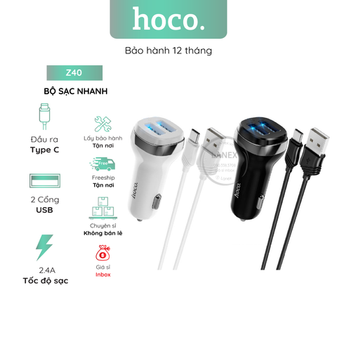 Bộ Sạc Nhanh Hoco Z40 Xe Hơi 2 Cổng Usb Type C 2.4a Dài 1.0m