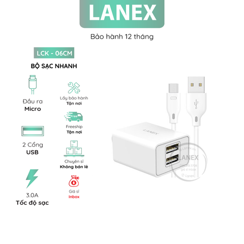 Bộ Sạc Nhanh Lanex Lck - 06cm 2 Cổng Usb Micro 3.0a Dài 1.0m