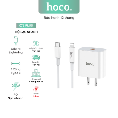 Bộ Sạc Nhanh Hoco C76 Plus 1 Cổng Type C To Lightning Pd Qc3.0 20w Dài 1.0m