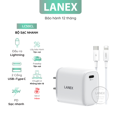 Bộ Sạc Nhanh Lanex Lc50cl 1 Cổng Type C To Lightning Pd3.0 20w Dài 1.0m