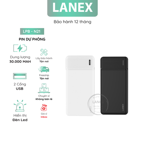 Pin Dự Phòng Lanex Lpb - N21 2 Cổng Usb 2.1a 30000mah 1 Đèn Led