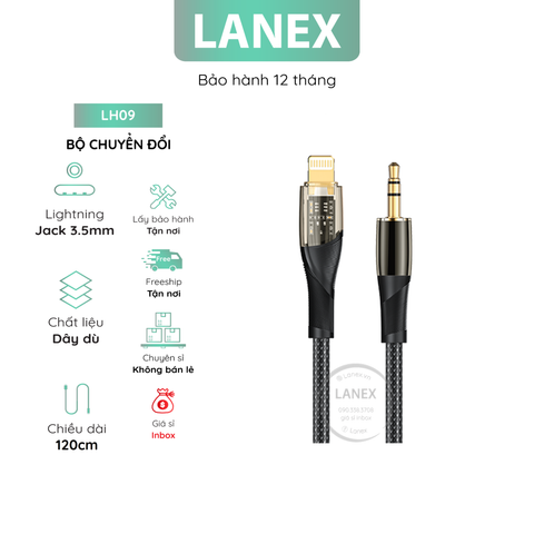 Bộ Chuyển Đổi Lanex Lh09 Cáp Audio Dây Dù Lightning Đến Jack 3.5mm