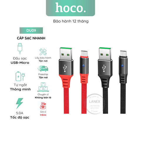 Cáp Sạc Nhanh Hoco Du09 Dây Dù Tự Ngắt Có Led Micro 5.0a Dài 1.0m