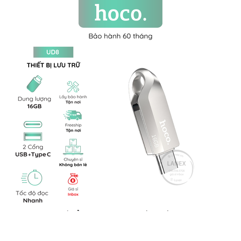 Thiết Bị Lưu Trữ Hoco Ud8 Usb 16Gb 2 Đầu (Usb Type C) 3.0 Hợp Kim Kẽm Tích Hợp