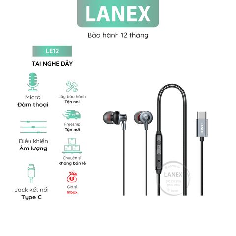 Tai Nghe Dây Lanex Le12 Jack Type C Mic Có Dài 1.2m