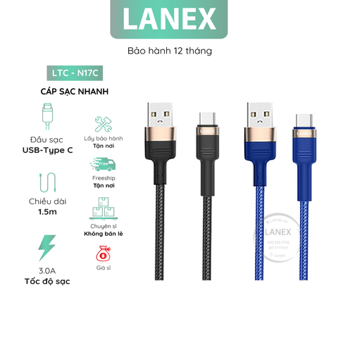 Cáp Sạc Nhanh Lanex Ltc - N17c Dây Dù Type C 3.0a Dài 1.5m