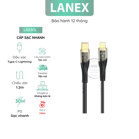 Cáp Sạc Nhanh Lanex Ls22cl Dây Dù Có Led Type C To Lightning Pd Qc3.0 30w Dài 1.2m