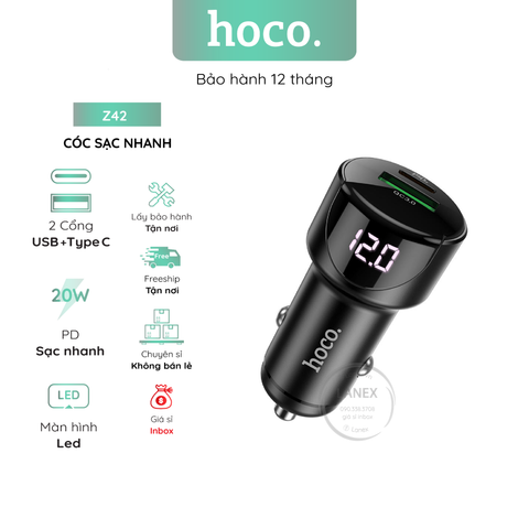 Cóc Sạc Nhanh Hoco Z42 Xe Hơi 1 Cổng Usb 1 Cổng Type C 3.0a Pd Qc3.0 20w Màn Hình Led