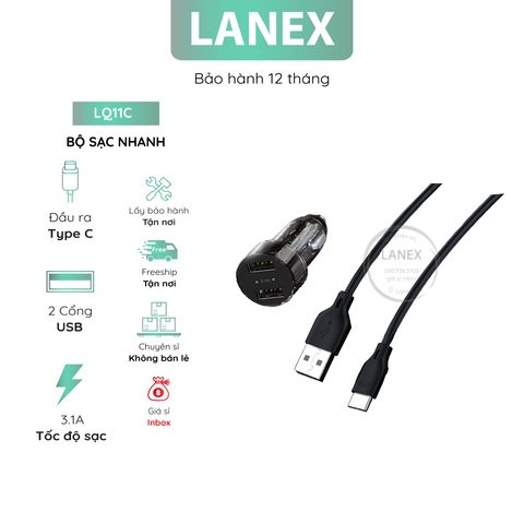 Bộ Sạc Nhanh Lanex Lq11c Xe Hơi Nhựa Trong Suốt 2 Cổng Usb Type c 3.1a