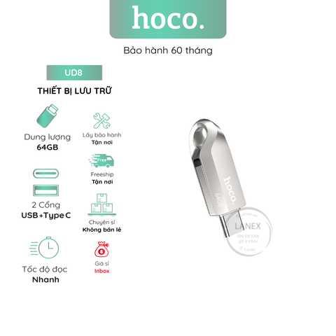 Thiết Bị Lưu Trữ Hoco Ud8 64Gb Usb 2 Đầu (Usb Type C) 3.0 Hợp Kim Kẽm Tích Hợp